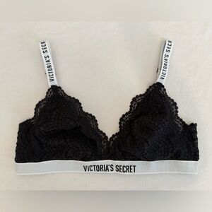 Victoria's Secret Bralette Black Lace White Logo Band Size L Unpadded Wireless